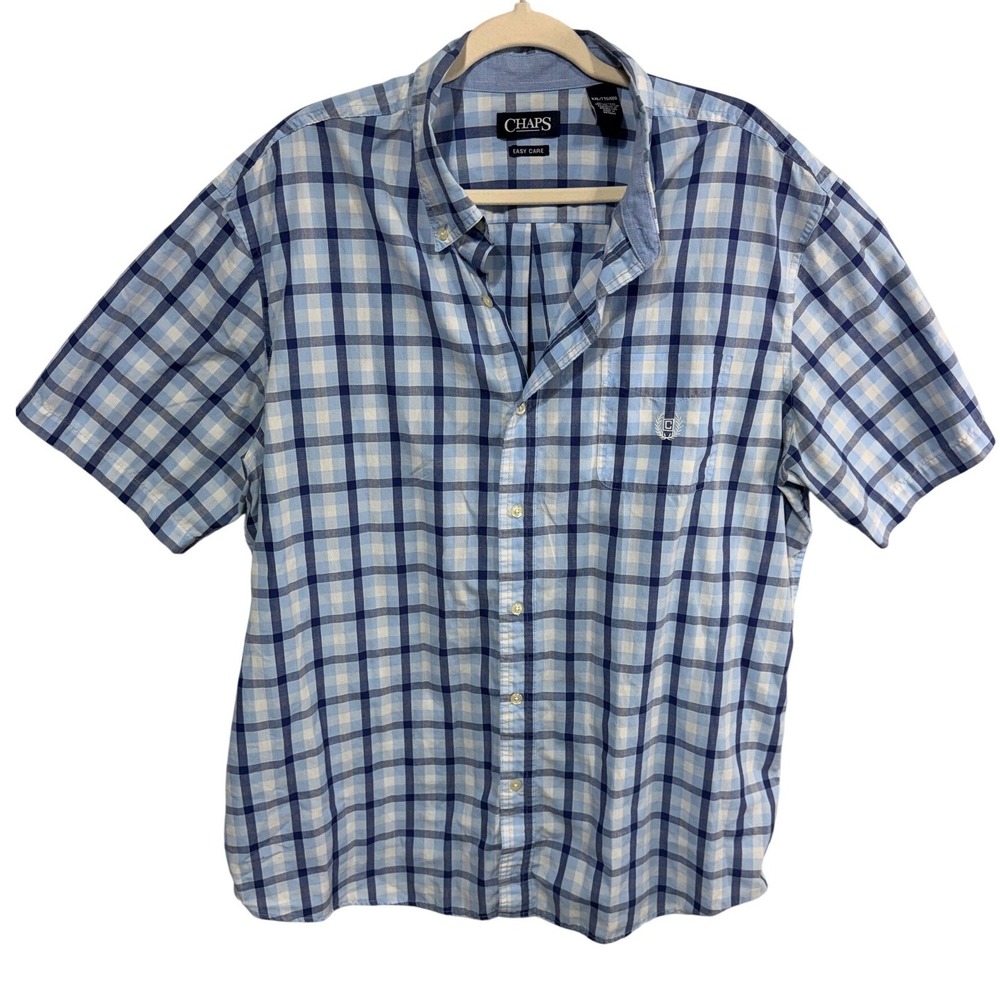 Chaps Button Down Easy Care Plaid Short Sleeve Men's XXL Blue Casual Classic